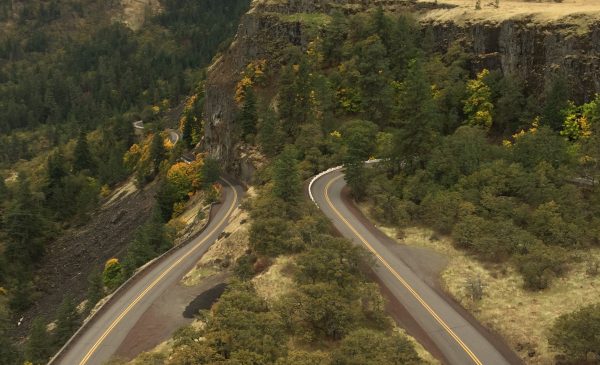 Looking down at the horseshoe shape of the Historic Columbia River Highway from our stop on the tour.