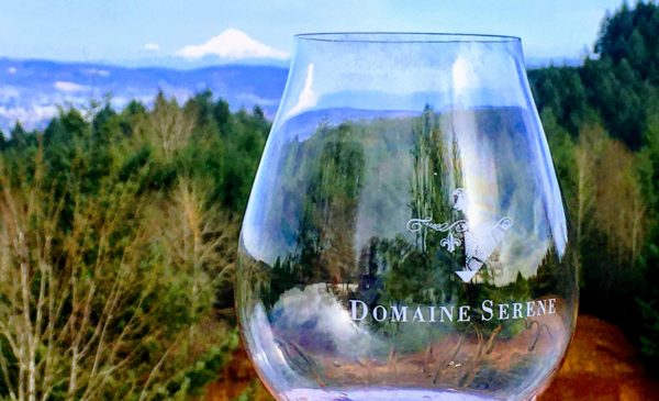 Glass of wine at Domaine Serene with Mount Hood in the background